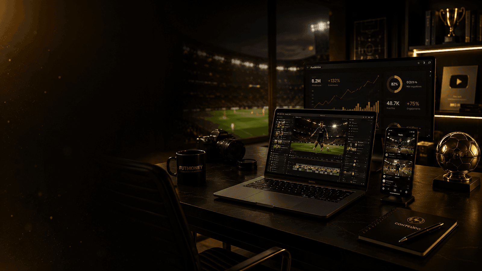 Setup premium de criador de conteúdo de futebol