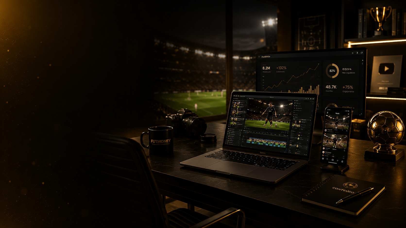 Setup premium de criador de conteúdo de futebol